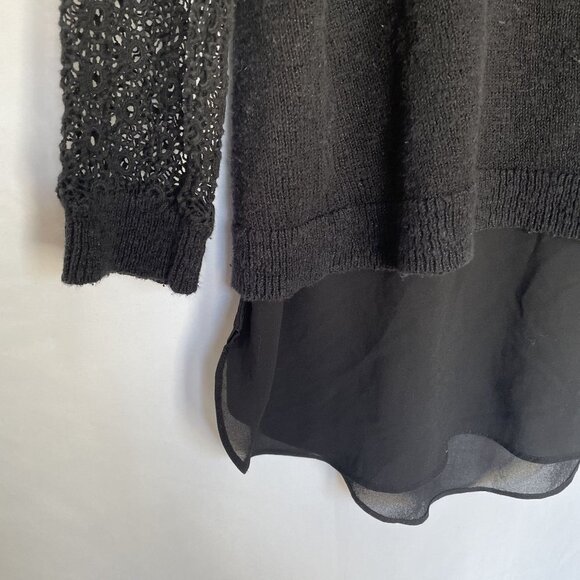 Lucky Brand Black Crochet Sleeve Knit Top With Sheer Hem Detail classy goth - Picture 3 of 7